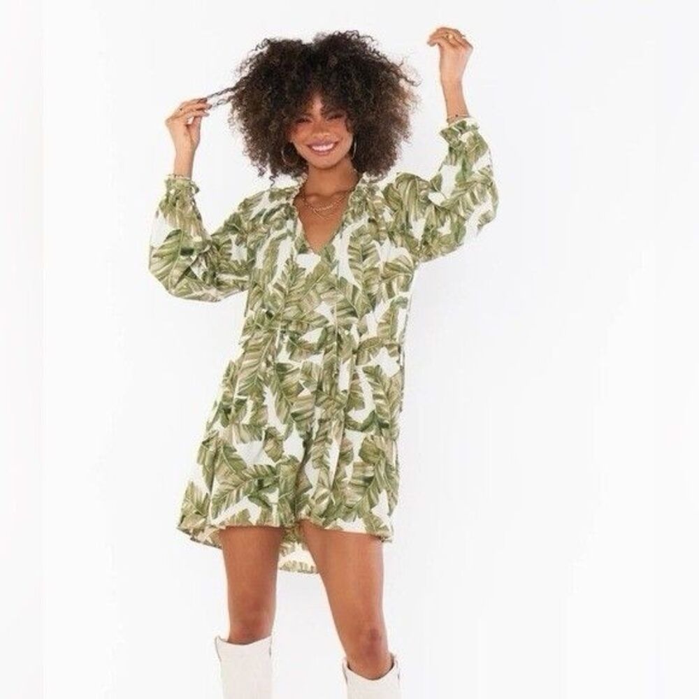 Show Me Your Mumu Birdie Mini Dress Green Palm Leaf Print Size S Long Sleeve
